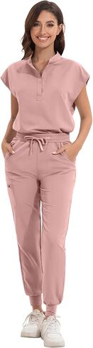 Scrub for Women Set - Stretch Scrub Top & Jogger Pants Mandarin Collar Anti-Wrinkle Scrub Suit Medical Uniform (Pink, Small) in Kuwait