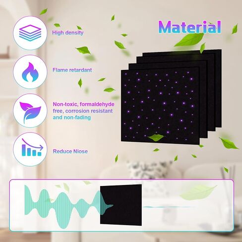 ألواح إسفنجية ذاتية اللصق مقاومة للصوت للجدران، لوحات صوتية مقاس 48 بوصة × 48 بوصة مع ضوء النجوم من الألياف الضوئية، لوحات جدارية أنيقة عازلة للصوت تمتص أضواء الألياف الضوئية المتلألئة بالضوضاء - 4 عبوات in Kuwait