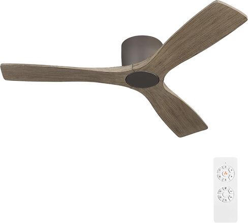 WINGBO 48 Inch Flush Mount DC Ceiling Fan without Lights, 3 Carved Wood Blades, 6-Speed Noiseless Reversible DC Motor, Hugger Ceiling Fan No Lights in White Finish with Oak Blades, ETL Listed in Saudi Arabia