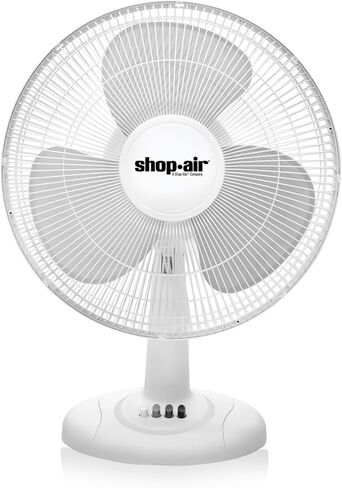 مروحة طاولة متأرجحة مقاس 16 بوصة من Shop-Air، 3 سرعات، سرعة عالية، دوران هواء هادئ وقوي، إمالة رأس قابلة للتعديل 70 درجة، مثالية للمنزل أو غرفة النوم أو المكتب، بيضاء in Kuwait
