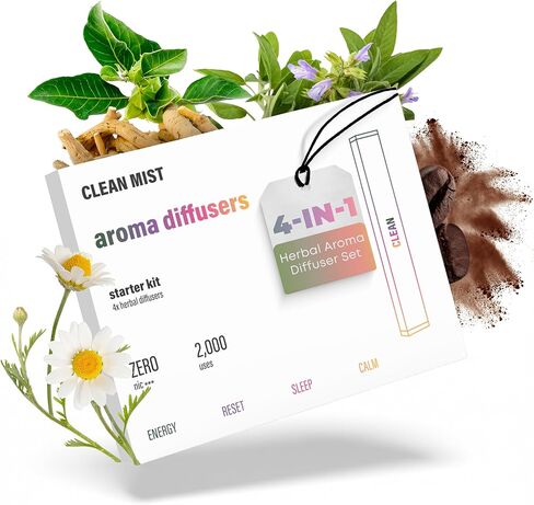 The Clean Mist Herbal Diffuser Pen 4 Pack | Aromatherapy Inhaler with 4 Scents (Energy, Sleep, Calm, Reset) | Nicotine-Free Essential Oil Inhaler | 2000 Uses | Portable Plant-Based Diffuser in Kuwait