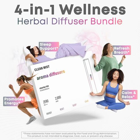 The Clean Mist Herbal Diffuser Pen 4 Pack | Aromatherapy Inhaler with 4 Scents (Energy, Sleep, Calm, Reset) | Nicotine-Free Essential Oil Inhaler | 2000 Uses | Portable Plant-Based Diffuser in Kuwait