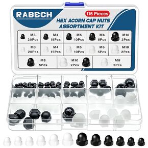 Hex Acorn Nuts Cap Assortment Kit 6Sizes 116Pcs M3 M4 M5 M6 M8 M10 Black and White Nylon Bolt Covers Caps Nut Screw Covers for Protection Indoor Outdoor in Kuwait