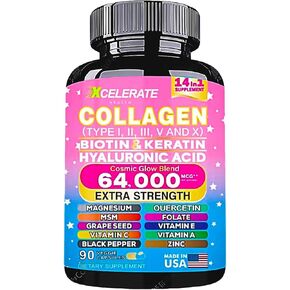 14 In 1 Collagen Supplement - Peptides Types l II III V X Biotin Keratin Hyaluronic Acid Folate Zinc Quercetin Apple Cider Vinegar Magnesium Grape Seed Hair Skin Nail Health Support (Label May Vary) in Saudi Arabia