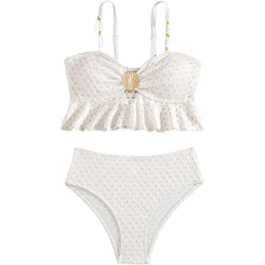 Girls 2 Piece Bikini Sets Metallic Shell Swimsuit Cut Out Ruffle Texture Top High Waisted Bathing Suits in Kuwait