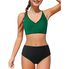 Girls Swimsuit Contrast Trim Cross Back Swimwear Girls Bathing Suit with Padding 7-16Y in Kuwait