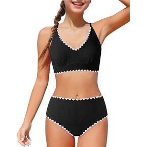 Girls Swimsuit Contrast Trim Cross Back Swimwear Girls Bathing Suit with Padding 7-16Y in Saudi Arabia