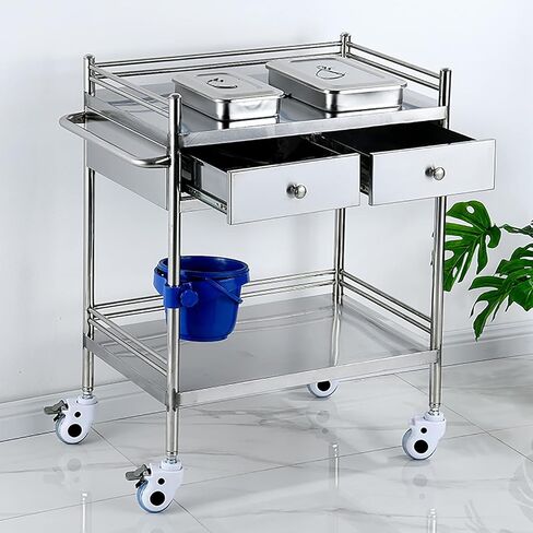 Lab Serving Cart,Mobile Trolley,Stainless Medical Cart Type Commercial Kitchen Serving Trolley with Brake Mute Wheel Laboratory Equipment Storage Trolley,2 Drawers(Onecolor-66X44X86Cm) in Saudi Arabia
