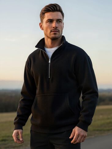 Men’s Quarter-Zip Pullover Sweatshirt, Waffle-Knit Fabric with Kangaroo Pocket for Daily Wear, Casual Outings in Saudi Arabia