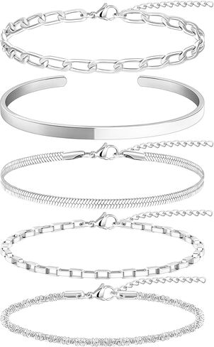 مجموعة أساور ذهبية للنساء قابلة للتكديس، مجموعة أساور مكدسة أنيقة مع سوار، صندوق، عظم متعرج، مشبك ورق، فيجارو، سلاسل لامعة، هدايا مقاومة للماء غير قابلة للتشوه للنساء العصرية in Kuwait