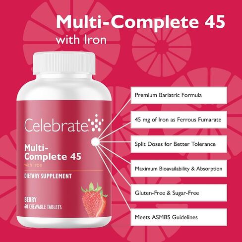 Celebrate Vitamins Multi-Complete 45 فيتامينات متعددة لعلاج السمنة مع حديد قابل للمضغ، 45 مجم حديد، توت الغابة، لمرضى جراحة السمنة، 60 قطعة in Kuwait