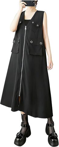 ellazhu Women's Dress V-Neck Zip Up Pocket Solid Sleeveless Flowy Hem Casual Fashion Summer GZ546 A in Saudi Arabia