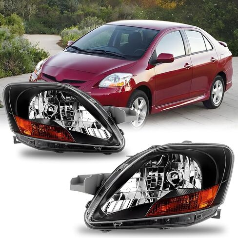 2PCS Headlights Assembly Compatible with 2007 2008 2009 2010 2011 Toyota Yaris Headlamps Assembly Black Chrome Housing Replacement Driver & Passenger Side in Kuwait