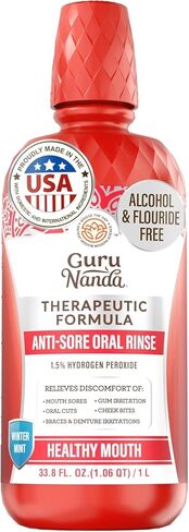 غسول الفم وقرحة الفم من جوروناندا - تخفيف سريع المفعول لتهيج الفم والجروح وعدم الراحة في اللثة - شطف الفم ببيروكسيد الهيدروجين بنسبة 1.5% - خالي من الكحول، نعناع شتوي، 16 أونصة in Kuwait