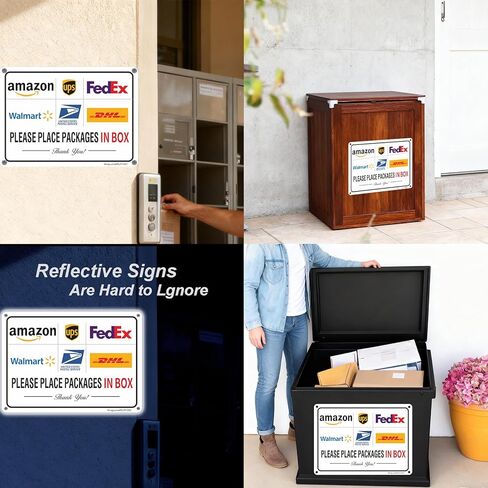 Package Delivery Sign - Please Place Packages in Box. 10x7 Inch Rust-Free Reflective Aluminum, Weatherproof & Fade Resistant Parcel Instruction Sign for Home, Apartment, Office, Easy to Install in Saudi Arabia