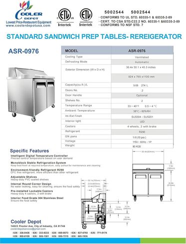 طاولة إعداد الساندويتش المبردة التجارية ببابين 36 بوصة، سلطة بيتزا بضائع سطح العمل NSF طاولة إعداد الطعام البارد XSP-36 in Kuwait