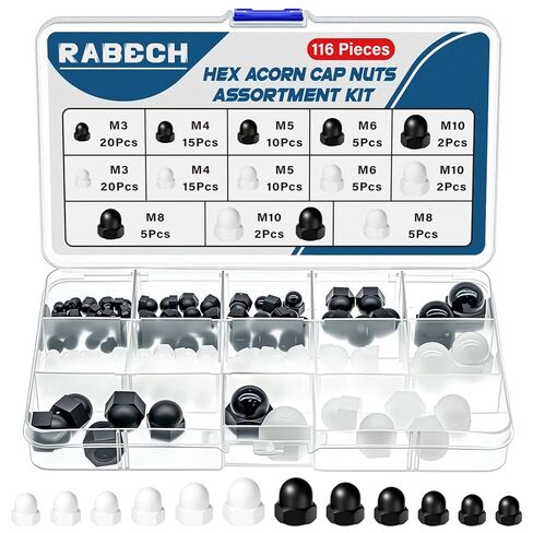 Hex Acorn Nuts Cap Assortment Kit 6Sizes 116Pcs M3 M4 M5 M6 M8 M10 Black and White Nylon Bolt Covers Caps Nut Screw Covers for Protection Indoor Outdoor in Kuwait