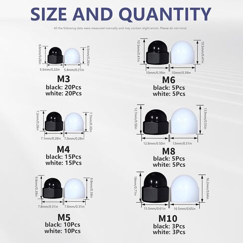 Hex Acorn Nuts Cap Assortment Kit 6Sizes 116Pcs M3 M4 M5 M6 M8 M10 Black and White Nylon Bolt Covers Caps Nut Screw Covers for Protection Indoor Outdoor in Kuwait