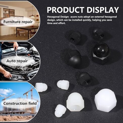 Hex Acorn Nuts Cap Assortment Kit 6Sizes 116Pcs M3 M4 M5 M6 M8 M10 Black and White Nylon Bolt Covers Caps Nut Screw Covers for Protection Indoor Outdoor in Kuwait