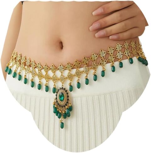 Bohemian Ethnic Waist Chain Vintage Indian Golden Belly Chain Crystal Beads Dangle Belly Chain Crystal Rhinestone Body Chain Wedding Party Prom Waist Chain for Women in Saudi Arabia