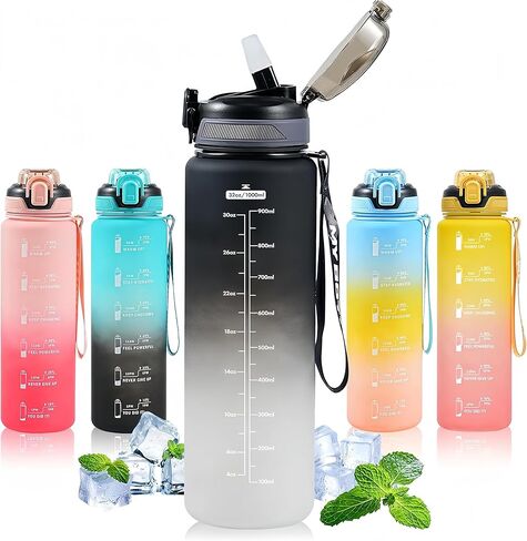 Sports Water Bottle with Straw,32 OZ Water Bottles with Time Marker for Boys and Girls,Simple Modern Water Bottle Plastic Leakproof Bpa Free,Waterbottle for Adults,School,Gym,Outdoor in Saudi Arabia