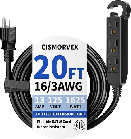 سلك تمديد خارجي بطول 15 قدمًا و3 منافذ مقاوم للماء، سلك تمديد مؤرض مع منافذ متعددة، شريط طاقة 16/3 AWG 3 شقوق للحديقة والفناء والتخييم، 13 أمبير 125 فولت 1625 وات، مدرج في قائمة ETL، أسود in Kuwait