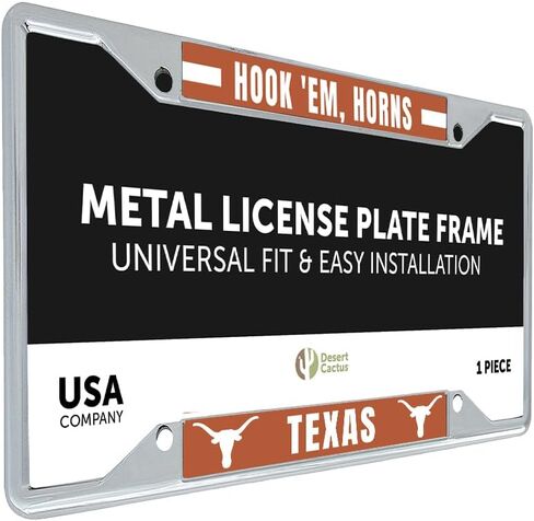 Desert Cactus University of Texas License Plate Frame Longhorns UT Austin Holder for Front or Back of Car Metal Car Tag Holder Officially Licensed (Slogan 2) in Saudi Arabia