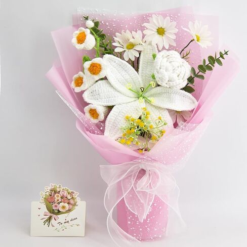Crochet Flowers, Crochet Flower Bouquet of Crochet Lily, Tulips, Lily of the Valley, Handmade Artificial Flowers for Home Decor, Wedding, Anniversary, Birthday Gifts for Women (Include Card, Gift Bag) in Saudi Arabia