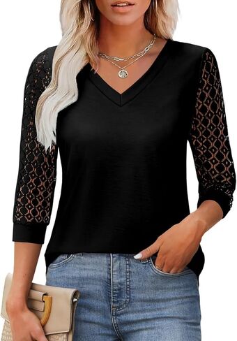 بلوزات نسائية صيفية بأكمام 3/4 بلوزات أنيقة قمصان غير رسمية للنساء موضة الربيع تيشيرتات دانتيل برقبة على شكل V in Kuwait