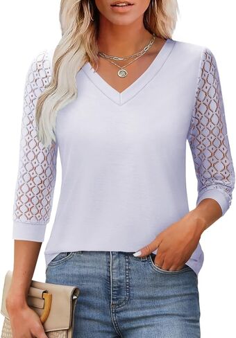 Womens Summer Tops 3/4 Length Sleeve Blouses Dressy Casual Shirts for Women Spring Fashion Ladies V Neck Lace Tshirts in Saudi Arabia