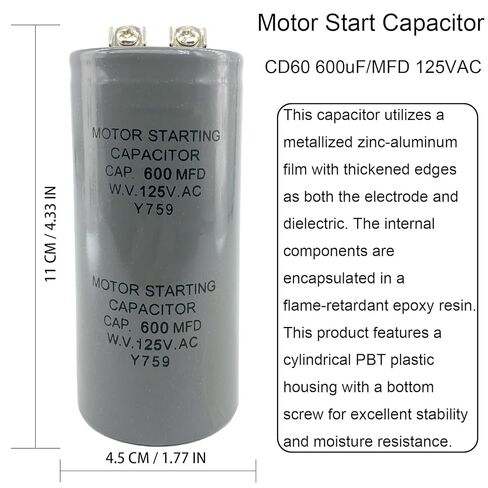 مكثفات CD60 600 فائق التوهج/MFD 125VAC (عبوة من قطعتين) لوحدات تكييف الهواء والضواغط والمضخات وأنظمة التدفئة والتهوية وتكييف الهواء والمحركات الكهربائية in Kuwait