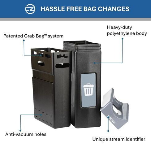 Commercial Zone Avante™ Series Made in The USA, Black Trash Container, 30-Gallon, Narrow Gray Trash Panel, Gray Lid, Open Top, Liner Included in Saudi Arabia
