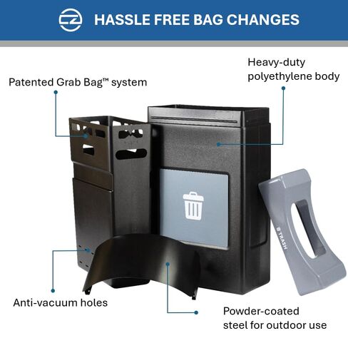 Avante™ Series Made in The USA, Black Trash Container, 30-Gallon Shallow, Gray Trash Panel, Gray Lid, Black Canopy, Liner Included in Saudi Arabia