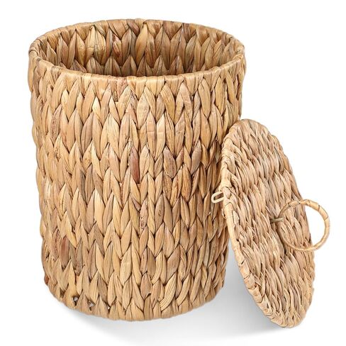 Wicker Waste Basket Water Hyacinth Bathroom Garbage Can with a Lid Small Decorative Boho Trash Can Compact Rattan Woven Bin for Household Kitchen Bedroom Office Living Room in Saudi Arabia