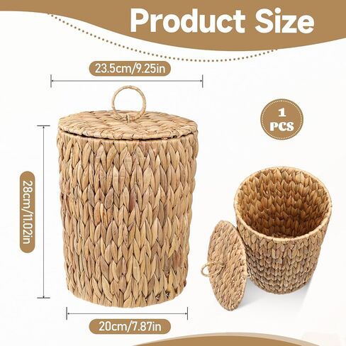 Wicker Waste Basket Water Hyacinth Bathroom Garbage Can with a Lid Small Decorative Boho Trash Can Compact Rattan Woven Bin for Household Kitchen Bedroom Office Living Room in Saudi Arabia