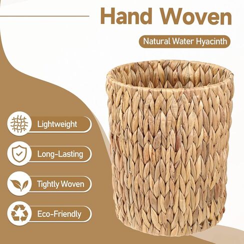 Wicker Waste Basket Water Hyacinth Bathroom Garbage Can with a Lid Small Decorative Boho Trash Can Compact Rattan Woven Bin for Household Kitchen Bedroom Office Living Room in Saudi Arabia