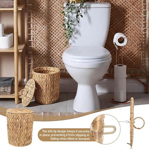 Wicker Waste Basket Water Hyacinth Bathroom Garbage Can with a Lid Small Decorative Boho Trash Can Compact Rattan Woven Bin for Household Kitchen Bedroom Office Living Room in Saudi Arabia