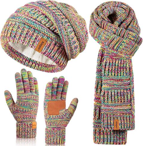 Winter Beanie Hat Scarf Gloves Set for Women, Slouchy Beanie Long Scarf Touchscreen Gloves, Warm 3 in 1 Christmas Gift Set in Kuwait