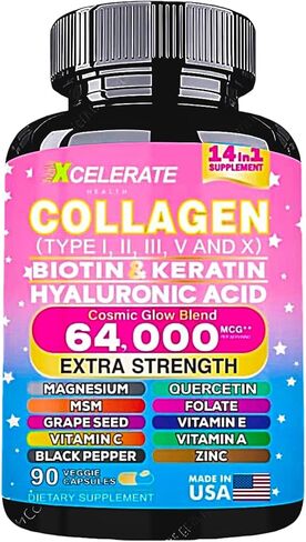 14 In 1 Collagen Supplement - Peptides Types l II III V X Biotin Keratin Hyaluronic Acid Folate Zinc Quercetin Apple Cider Vinegar Magnesium Grape Seed Hair Skin Nail Health Support (Label May Vary) in Saudi Arabia