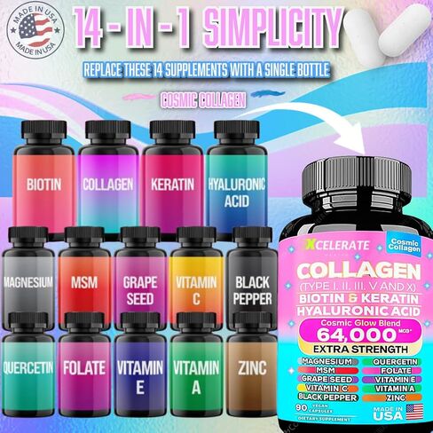 14 In 1 Collagen Supplement - Peptides Types l II III V X Biotin Keratin Hyaluronic Acid Folate Zinc Quercetin Apple Cider Vinegar Magnesium Grape Seed Hair Skin Nail Health Support (Label May Vary) in Saudi Arabia