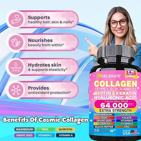 14 In 1 Collagen Supplement - Peptides Types l II III V X Biotin Keratin Hyaluronic Acid Folate Zinc Quercetin Apple Cider Vinegar Magnesium Grape Seed Hair Skin Nail Health Support (Label May Vary) in Saudi Arabia