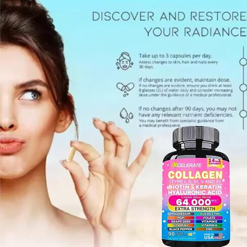 14 In 1 Collagen Supplement - Peptides Types l II III V X Biotin Keratin Hyaluronic Acid Folate Zinc Quercetin Apple Cider Vinegar Magnesium Grape Seed Hair Skin Nail Health Support (Label May Vary) in Saudi Arabia
