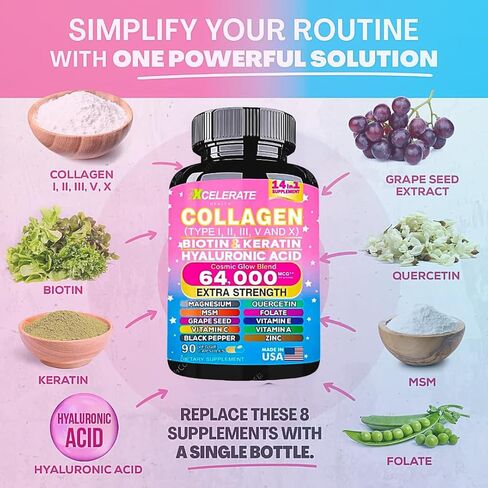 14 In 1 Collagen Supplement - Peptides Types l II III V X Biotin Keratin Hyaluronic Acid Folate Zinc Quercetin Apple Cider Vinegar Magnesium Grape Seed Hair Skin Nail Health Support (Label May Vary) in Saudi Arabia