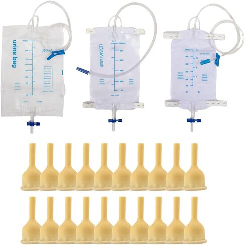 مجموعة قسطرات الواقي الذكري لكبار السن، 20 قطعة من اللاتكس الناعم، 1 قطعة حقيبة ساق 500 مل، 1 قطعة أكياس بول 1000 مل للرجال، 1 قطعة قسطرة كبيرة جدًا 2000 مل كيس بول - قسطرة خارجية للرجال (S - 25 مم) in Kuwait