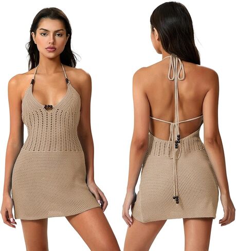 Women Crochet Knit Mini Dress Y2k Halter Neck Spaghetti Strap Cutout Bodycon Sundress Boho Beach Backless Streetwear in Kuwait