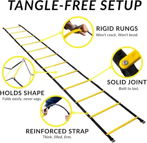 Agility Ladder 20ft 12 Rungs Premium Tangle Free Speed Training Equipment for Football Soccer Basketball Footwork Quickness Exercise Workout Drills for Kids Adults Youth Portable in Saudi Arabia
