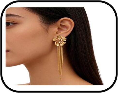 Chunky Flower Earrings 14K Gold Plated Geometry Petal Earrings Vintage Hollowing Out Layered Dangle Earring Fashion Exaggeration Jewelry for Women in Kuwait