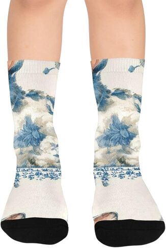 جوارب زرقاء للمشي لمسافات طويلة بتصميم أرنب الأزهار - جوارب شتوية حرارية سميكة دافئة للأولاد والبنات للمدرسة، والارتداء اليومي والأنشطة الخارجية in Kuwait