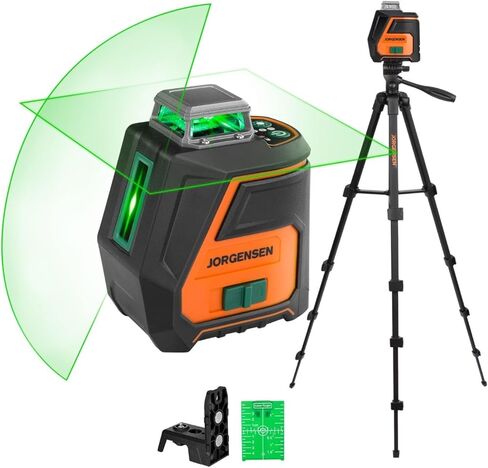 JORGENSEN 360° Laser Level with Tripod, 100 FT Rechargeable Self Leveling Cross Line Laser Leveler Tool with Magnetic Base, Wide Angle Green Laser Level for Picture Hanging, Floor Tile, Construction in Kuwait