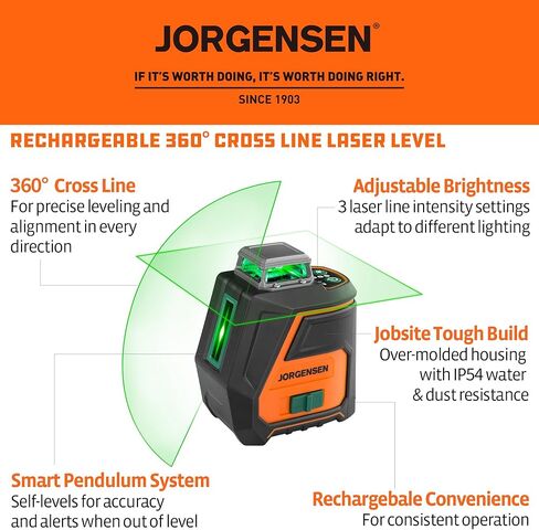 JORGENSEN 360° Laser Level with Tripod, 100 FT Rechargeable Self Leveling Cross Line Laser Leveler Tool with Magnetic Base, Wide Angle Green Laser Level for Picture Hanging, Floor Tile, Construction in Kuwait